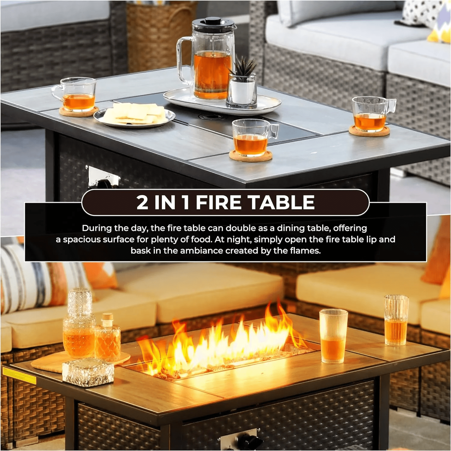 Ovios 42 Inch Propane Fire Pit CSA-Listed Outdoor Fire Pit Table 50,000 BTU Steel Gas Fire Pits with Lid and Lava Rock for Deck Garden