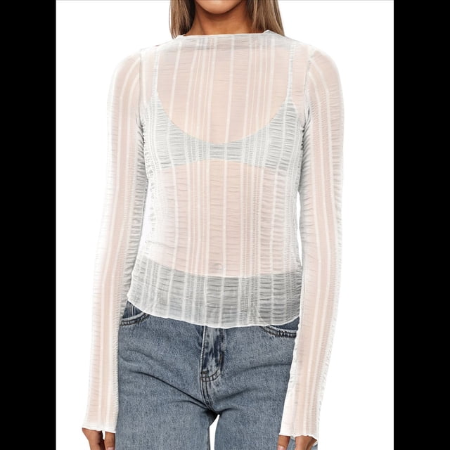 Camisetas de Larga Transparentes para Mujer, de Transparente, Ajustadas, con Ribete Festoneado, Blusas y Conjuntos Superiores XL