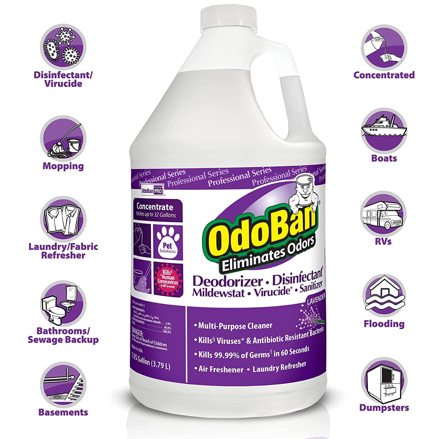 OdoBan Professional Disinfectant and Odor Eliminator Concentrate, Lavender Scent, 4 Gallons