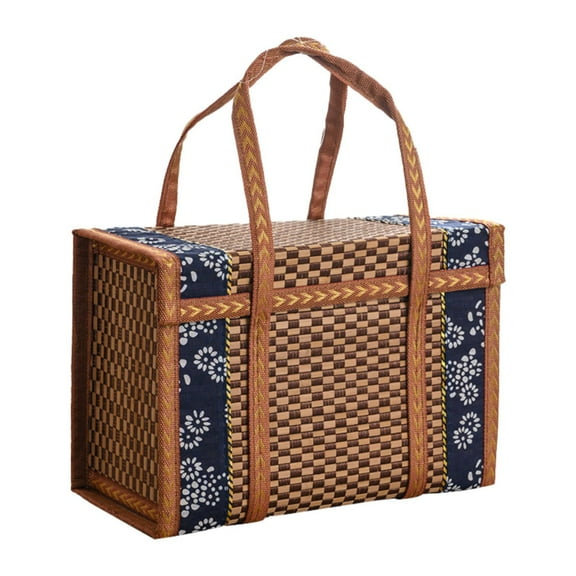 Rustic Woven Bamboo Basket Folding Snack Organizer with Lid for Party Festival Grocery Shopping