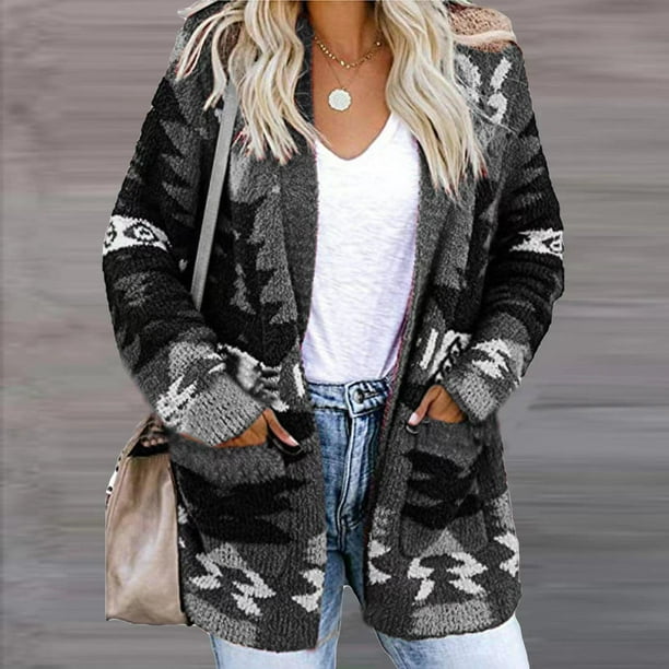 Chaquetas y abrigos casuales de manga larga sin capucha para mujer, con estampado étnico, cuello en V, manga larga, con capucha, abrigos casuales finos, top de poliéster para mujer