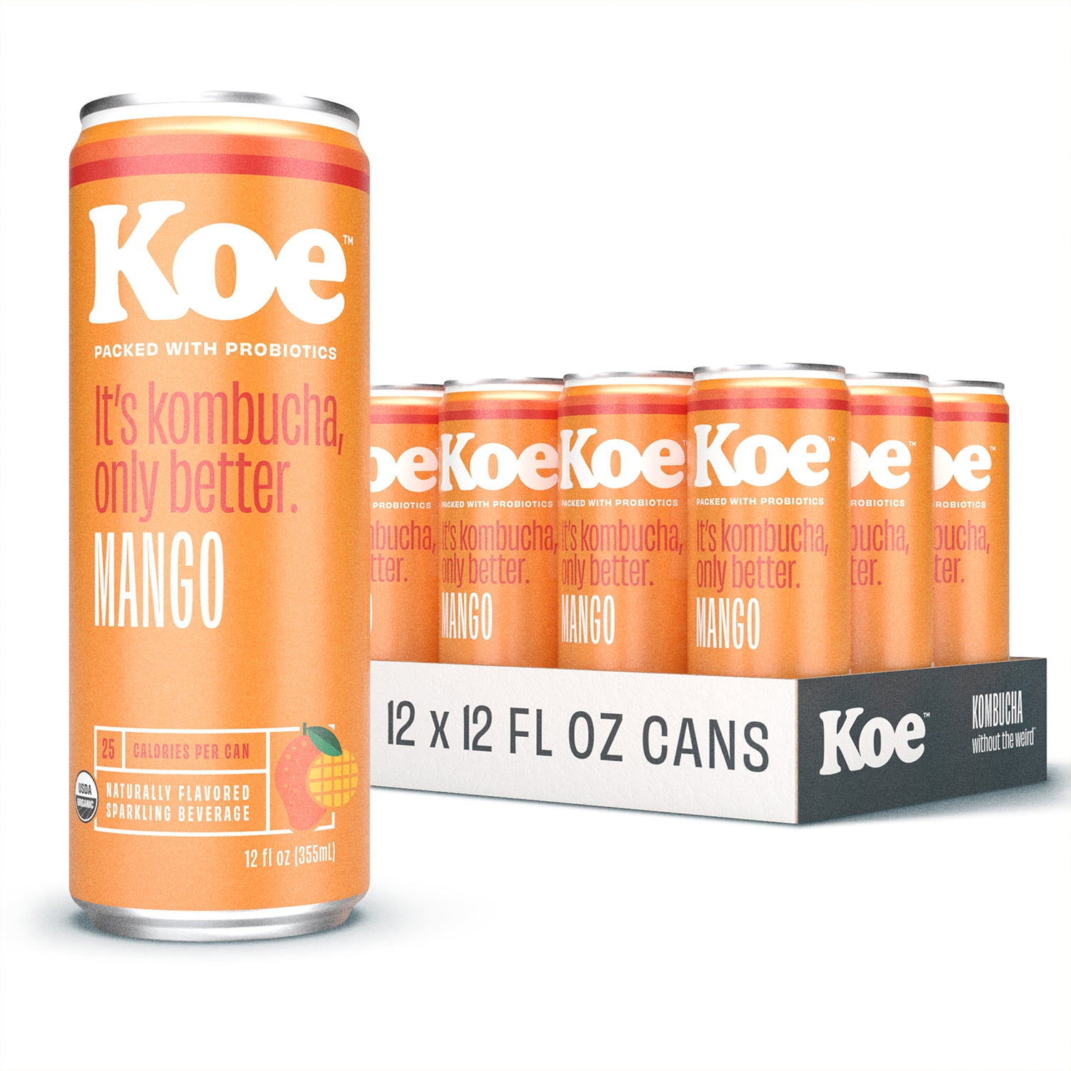 Koe Organic Kombucha Cans, Mango Sparkling Fruit Drinks With Live