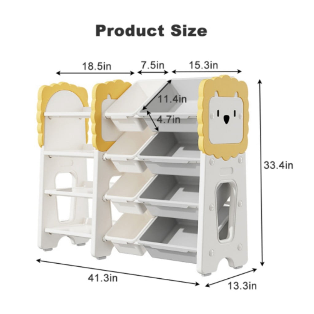 Kids Bookshelf and Toy Storage, 4-Tier Organizer with 8 Removable Storage Bins, Children's Bookcase & Toy Organizer for Bedroom, Playroom, Nursery, Classroom & Study Room, Grey