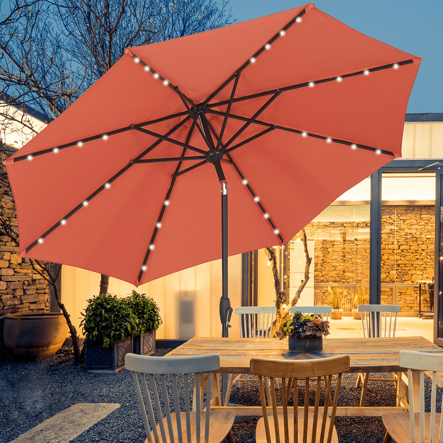 Autlaycil 9ft Patio Umbrella with Solar Lights and Base, 8 Ribs ...