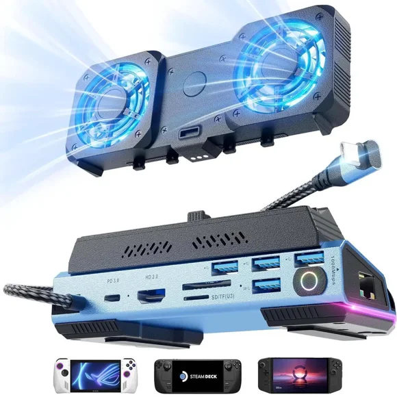 Steam Deck OLED & ROG Ally X & Legion GO - 10-in-1 Docking Station Dismantling Dual Cool Fans Steam, 4K@60Hz, 4 USB Ports, 100W PD Charging, Gigabit Ethernet Fit for Steam Deck