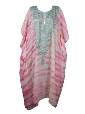 Mogul Women Maxi Kaftan Dress, Pink White Tie Dye Style Lounger Embroidered Kaftan Sheer Bikini Coverup Maxi Dress 4XL