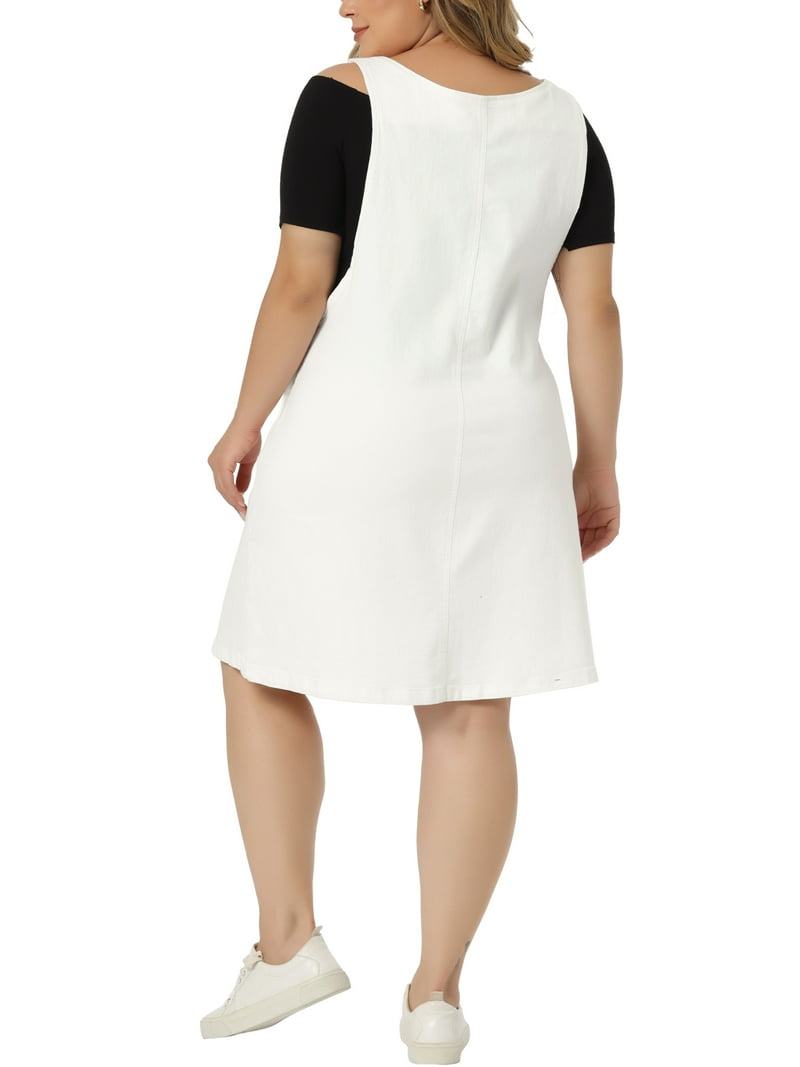 plus size white denim dress Grace & Grandeur Women's Plus Size Sleeveless Overall Dresses Casual Summer Midi Denim Dresses with Pockets 3X White, Size: 3XL, Blue