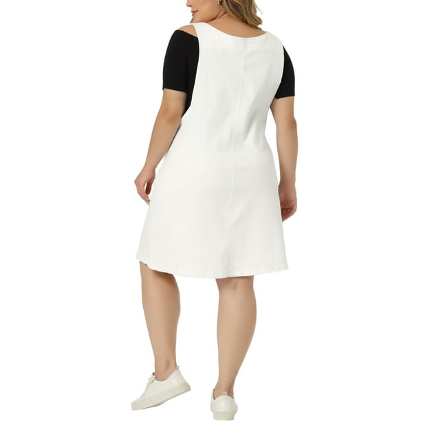 white denim plus size dress Grace & Grandeur Women's Plus Size Sleeveless Overall Dresses Casual Summer Midi Denim Dresses with Pockets 1X White, Size: 1XL, Blue