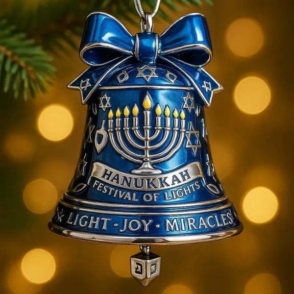 Hanukkah Festival of Lights Bell Ornament 3.1-Inch 2D Acrylic Hanging Decoration for Jewish Holiday Blue Menorah Dreidel Home and Car Decor