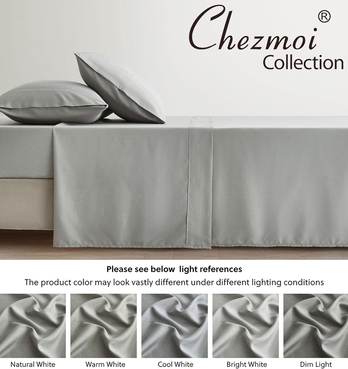 Chezmoi Collection 4-Piece Stone Washed California King Sheet Set, Rayon Derived from Bamboo & Polyester Blended, Breathable & Cooling 15-Inches Deep Pocket Sheets & Pillowcases Set, Light Gray