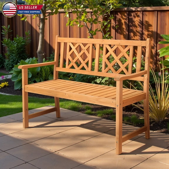 Hassch 46.5 Inch Outdoor Garden Bench with Diamond Grid Back, Fir Wood Bench w/ Slatted Seat and Solid Legs, Weather-Resistant for Patio/Yard/Poolside, Natural Burlywood Finish
