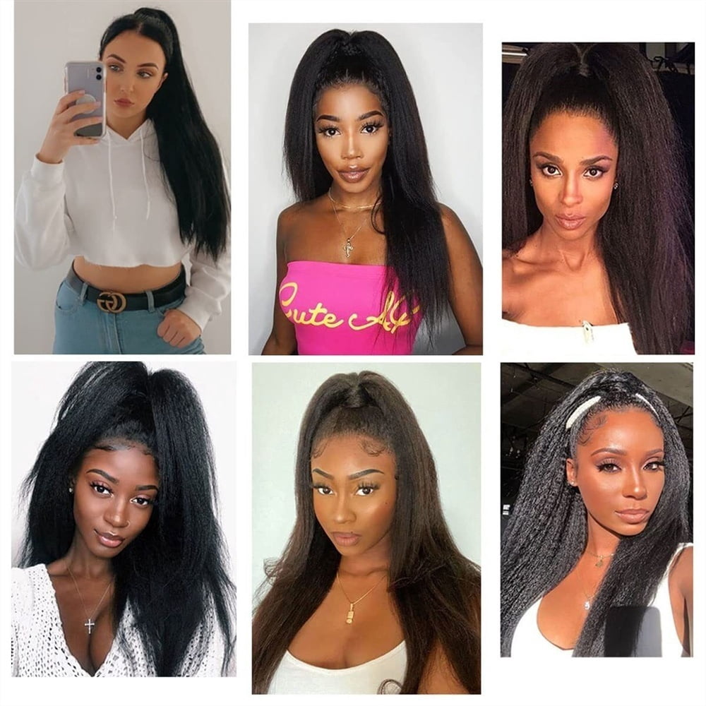Human Hair Ponytail Clip in Hair Piece 10"-26" Kinky Straight Ponytail Extensions Remy Hair Yaki Straight Ponytail Hairpieces, Natural Black