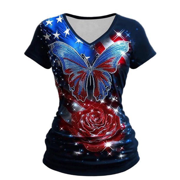 Camiseta de Manga Corta de la Mujer Casual Cómodo de Impresión con Cuello en V para el Aniversario Patriótico, Verano Otoño Uso Diario