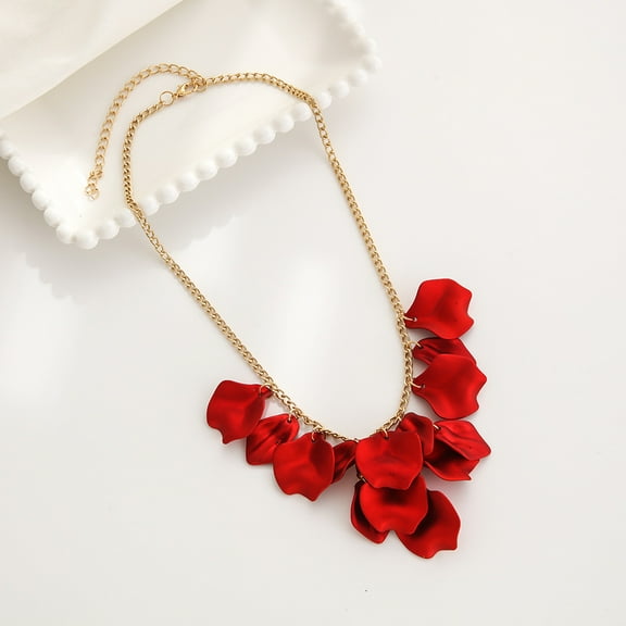 Zhuge Dreamy Rose Petal Pendant Choker Necklace, Romantic Floral Jewelry with Petal Tassel Accents,Dark Red