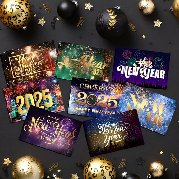 CCOCC 12Pcs New Year Cards Happy New Year Greeting Cards with Envelopes and Stickers Gold Foiled Holiday Cards