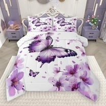 Manfei Chic Butterfly Queen Comforter Set,Country Floral Bedding Sets,White Purple Bedding Comforter Set For Girls Kids,Breathable Home Decor Reversible,3-Piece