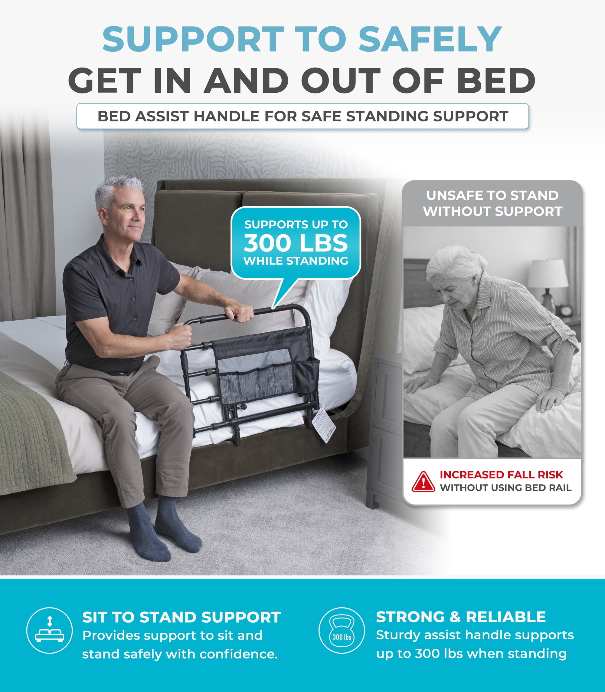 Stander Wonder Pivot Bed Rail Tall, Adjustable Safety Assist Railing with Swing Down Guardrail for Elderly Adults, Fits Taller Mattresses 8 to 16 Inches Thick, ASTM Safety Approved Bedrail, Black