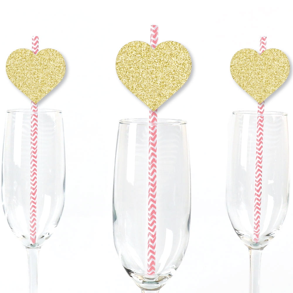 Gold Glitter Hearts Party Straws - No-Mess Real Gold Glitter Cut-Outs & Decor Valentine's Day Party Paper Straws-24 Ct
