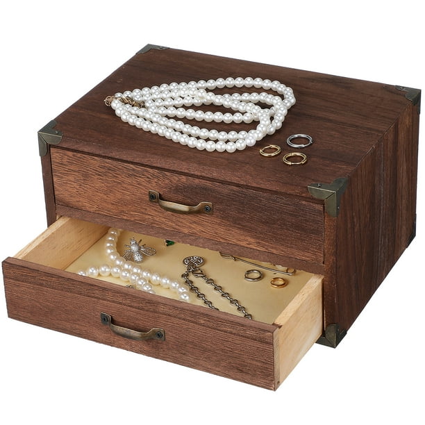 ColoMX Caja de almacenamiento de madera con cajones Organizador de escritorio de madera Cajón de cajones de cajones de joyería Organizadora de organización de almacenamiento de mesa (dos cajones)