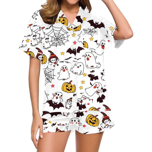 CONROSES Halloween Pajama Set for Women Hallowmas Pjs Ghost Pumpkin Graphic Short Sleeve Tops Shorts Loungewear Sets Cozy Nightwear Sleepwear