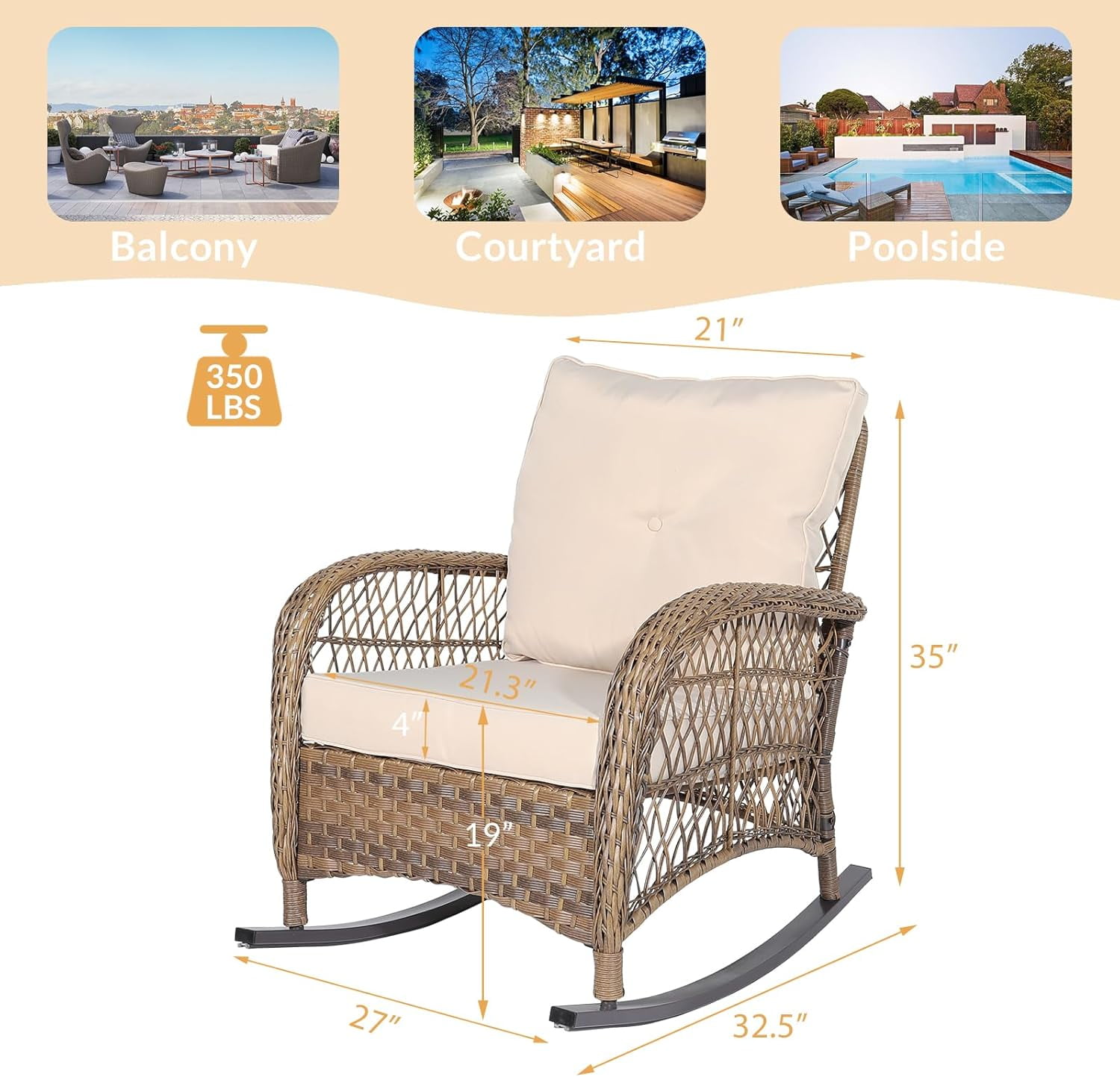 W WARMHOL Outdoor Wicker Rocking Chair with Thickened Cushions, All-Weather Rattan Patio Rocking Chairs, Rocker Wicker Chair for Porch Garden & Backyard, Beige