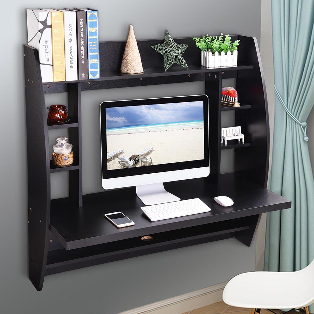 Yescom Wall Mounted Floating Computer Desk With Storage Shelves