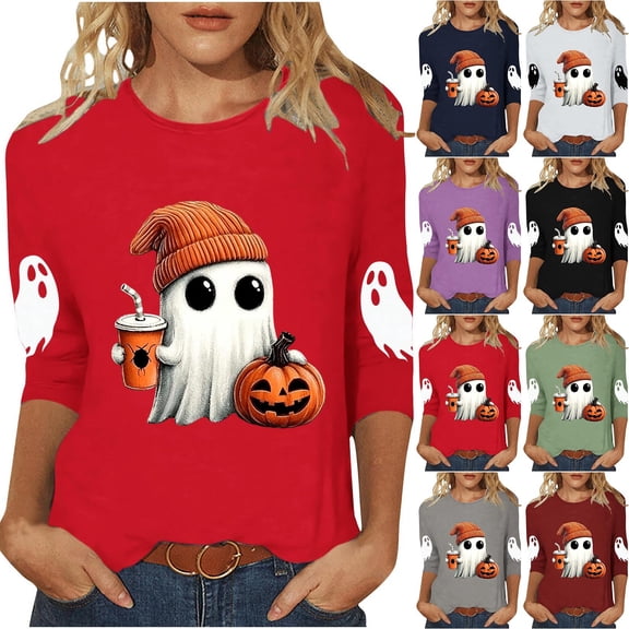 Jewelreauty Halloween T Shirts Women Teens Funny Ghost Pumpkin Printed Graphic Tee 3/4 Sleeve Crewneck Tops (XL, Red)