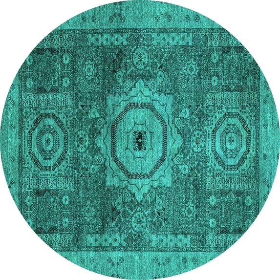 Ahgly Company Machine Washable Indoor Round Abstract Turquoise Blue Modern Area Rugs, 7' Round
