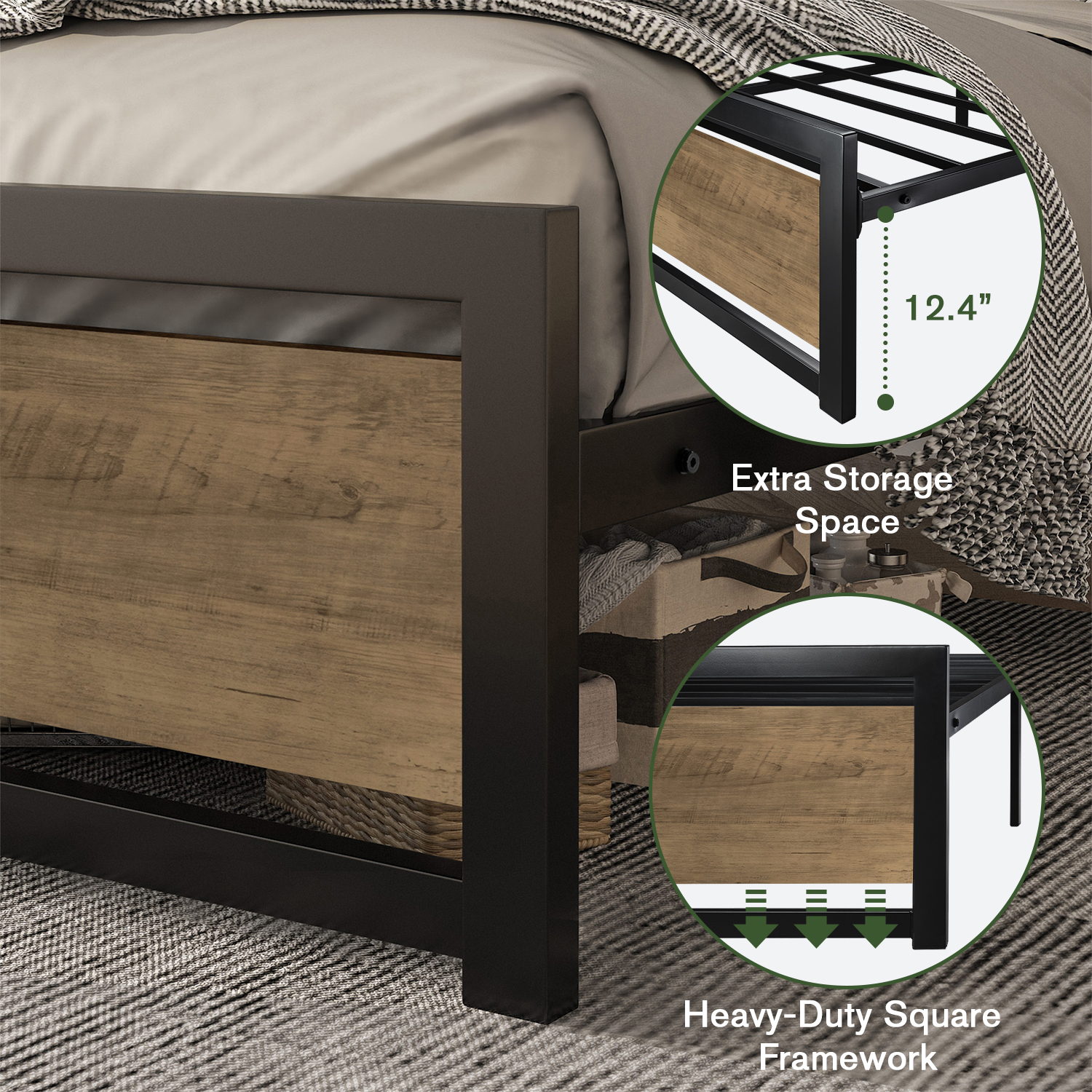 Einfach Queen Size Metal Platform Bed Frame with Wooden Headboard & Footboard, Brown