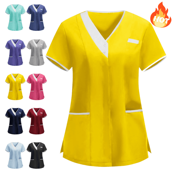 Mifsaly Womens V-Neck Scrub Tops Modern Fit Medical Nursing Shirts Contrast Trim Soft Breathable Doctors Nurses Healthcare Workwear with Pockets XXXL