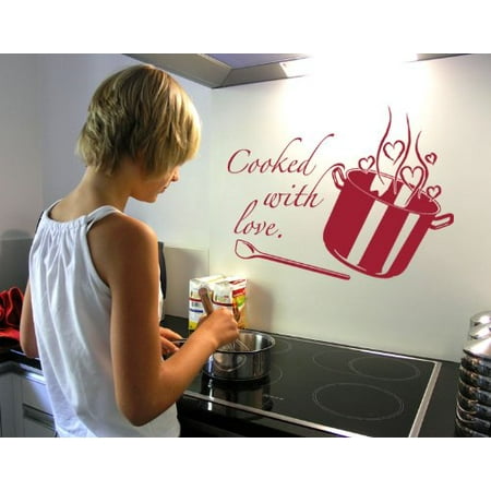 Beige Crackle Finish - Cooking with Love Wall Decal - kitchen Wall Sticker, Vinyl Wall Art, Home Decor, Wall Mural - 1963 - Beige, 16in x 11in