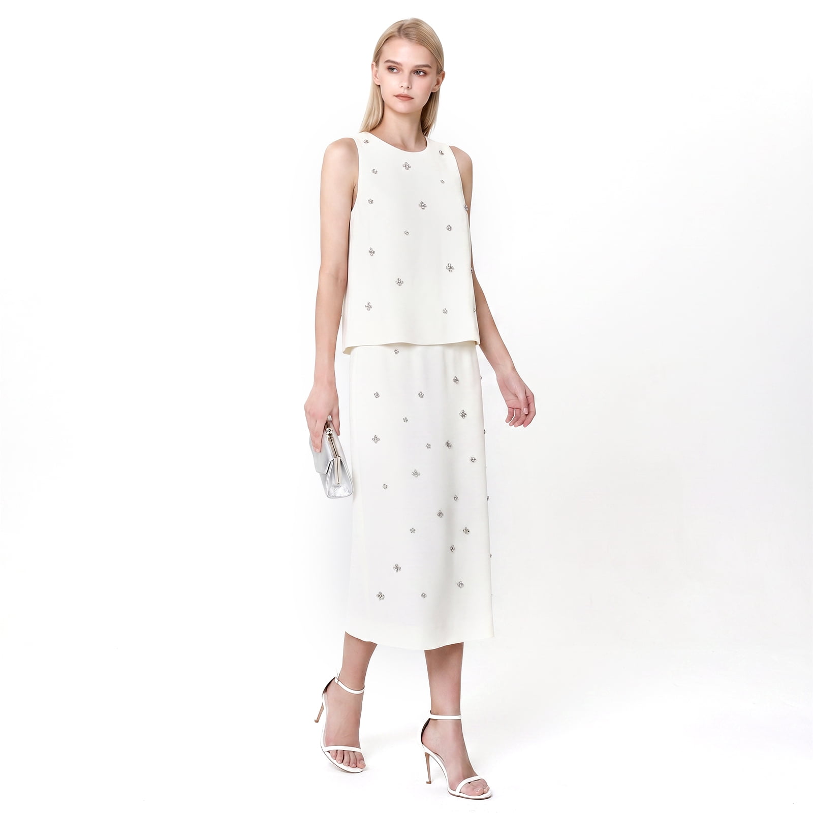 Alvantor Women's Embellished Midi Skirt, Gathered Pull-On Waist with Stretch Lining, Ivory