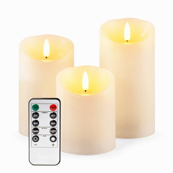 TETOU 3pcs LED Flameless Candles Indoor Battery Fake Plastic Pillar Candles with Remote Control Ivory White