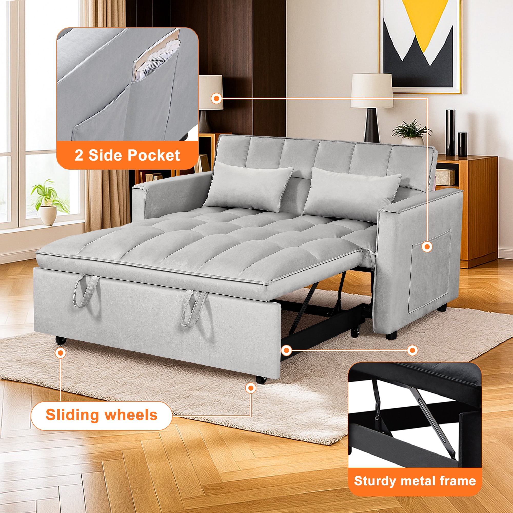 Demi Bonn 3 in 1 Convertible Sleeper Sofa Bed with Side Pocket, Adjustable Backrest Velvet Futon Couches for Living Room, Pull Out Couch, Loveseat, Gray