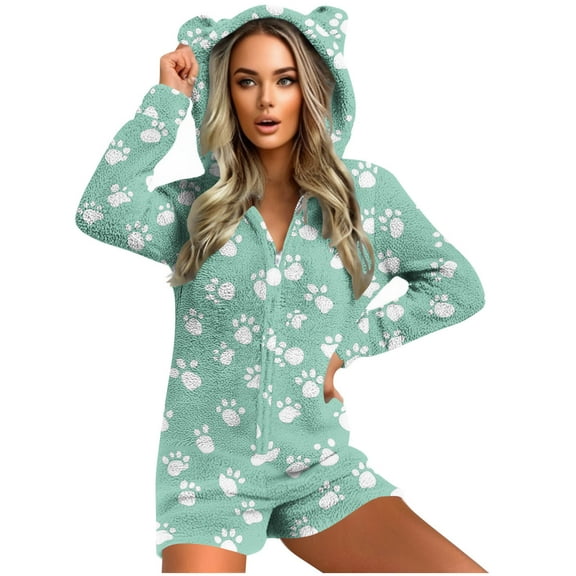 Onesies Adult Pjs Women Cute New Women's Warm Hooded Ears Hooded Jumpsuit Printing Long Sleeve Shorts Zipper Jumpsuit Pocket Sleepwear Home Clothes Style B-5 Green S