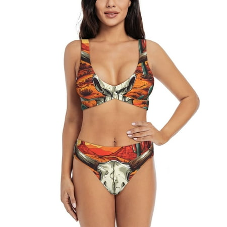 Zeuib Western Desert Cactus Ram Skull High Waisted Tummy Control Bikini Set - Knot Front Push Up Top & Cheeky Thong Bottom  Two-Piece Swimsuit for Women-Small