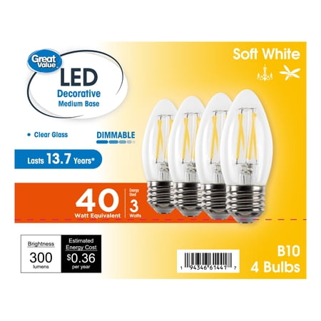 Great Value LED Light Bulb, 3W (40 Watts Equivalent), B10 Deco Lamp, E26 Medium Base, Dimmable, Soft White, 13yr, 4 Pack