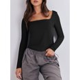 thumbnail image 2 of Biekopu Women T-shirt Long Sleeve Square Neck Solid Slim Fit Ladies Fall Tops Streetwear for Casual Daily, 2 of 9
