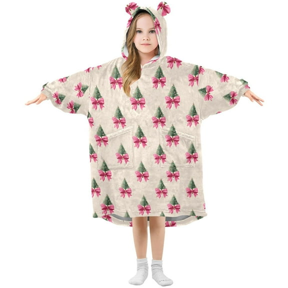 Wearable Blanket Hoodie for Kids Christmas Tree Bow Flannel Hooded Blanket with Pockets and Sleeves Suitable for Boys and Girls