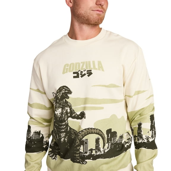 Godzilla Cityscape Men's White Crew Neck Long Sleeve Pullover Sweatshirt -XL