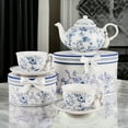 thumbnail image 2 of STP GOODS Blue Flowers Bone China Tea Set of 5 for 2 in Gift Box 8.45 fl oz (250 ml) Tea/Coffee Cup and Saucer Set with 33.81 fl oz (1 L) Teapot Teacups Service for 2, Blue and White, 2 of 10