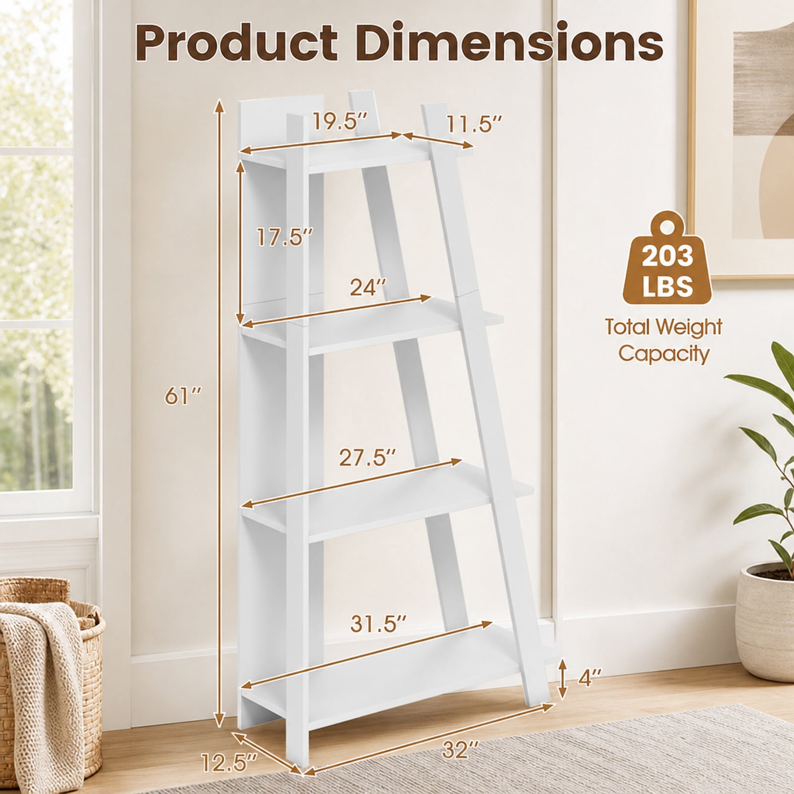 Furnibear 4-Tier Modern Bookshelf Wooden Vertical Display Book Shelf for Small Space for Living Room Home Office Bedroom Display Storage Shelf, White