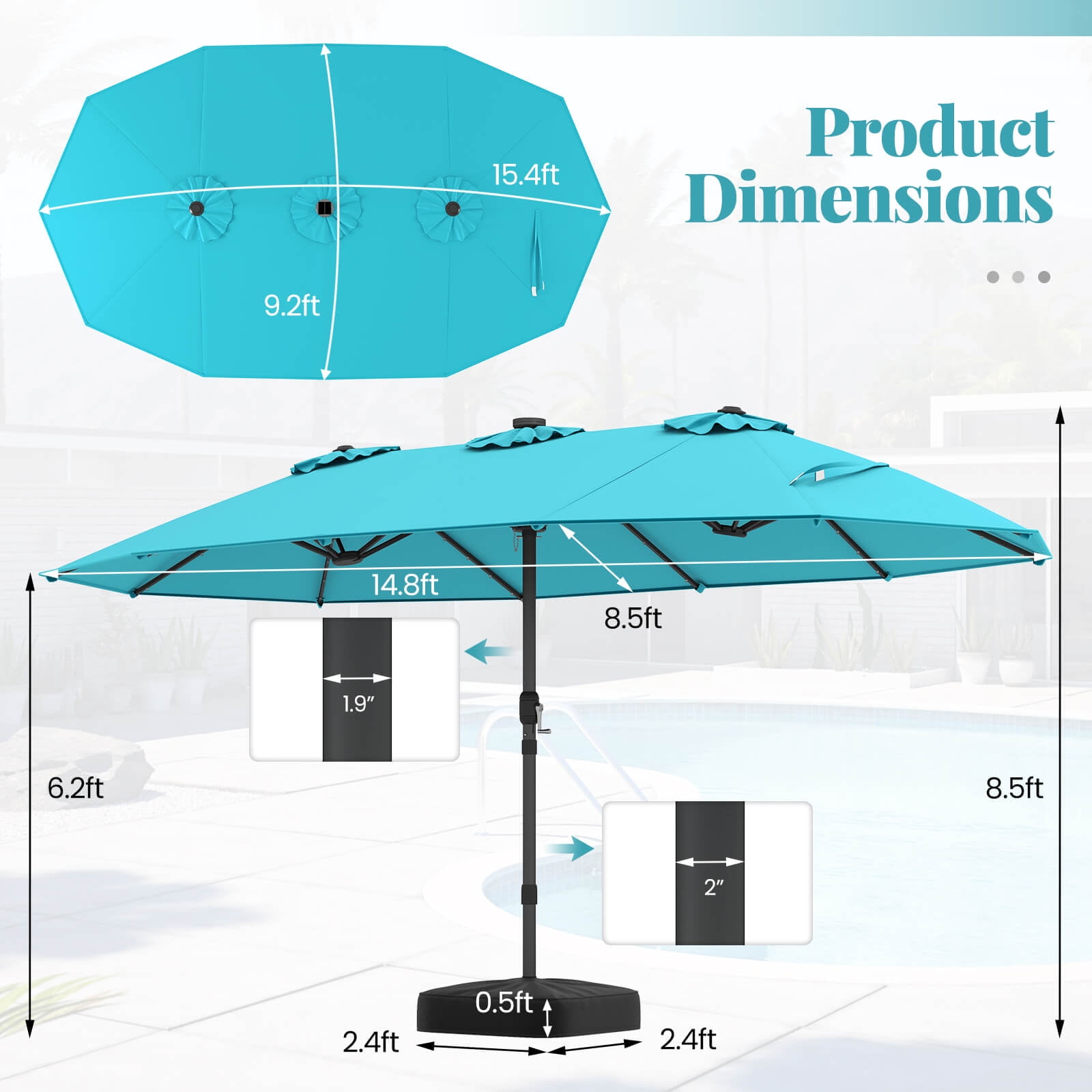 Costway 15 Ft Patio Double-Sided Solar LED Market Umbrella Crank 36 Lights Base Turquoise