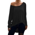 thumbnail image 1 of Women Round Neck Asymmetrical Hem Solid Color Long Sleeve Loose Tee Shirt, 1 of 5