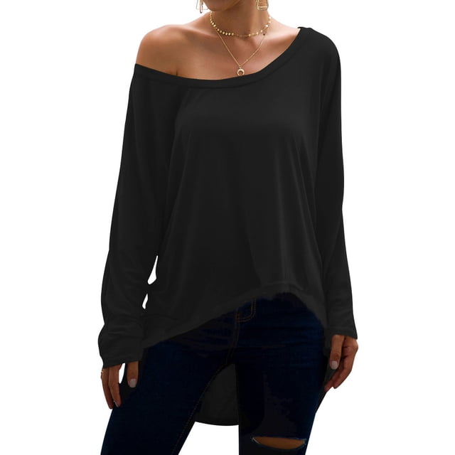 Women Round Neck Asymmetrical Hem Solid Color Long Sleeve Loose Tee Shirt