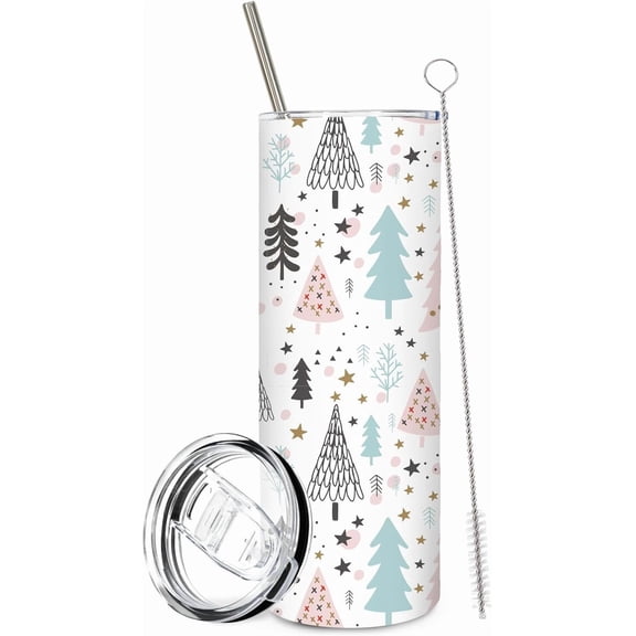 1Pc Christmas Tumbler with Lid Straw 20oz Pastel Xmas Tree Stainless Steel Travel Tumbler Cup Boxed for Winter Hot Iced Coffee