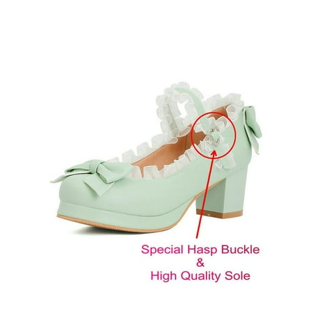 

Girls Sweet Lolita Ruffles Bowknot Lace Bridal Wedding Shoes Women High Heel Bordered Princess Dress Men Pink Plus Size 34-48