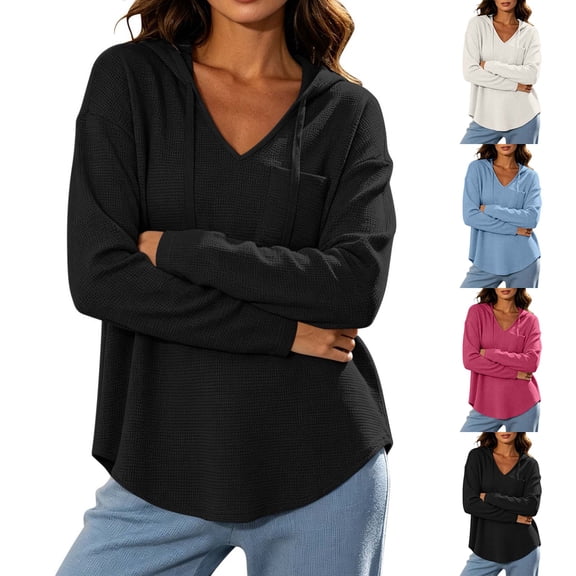 DYTTDG Women's Waffle Knit Hoodie V Neck Long Sleeve Pullover Top Casual Lightweight Hooded Sweatshirt Pocket