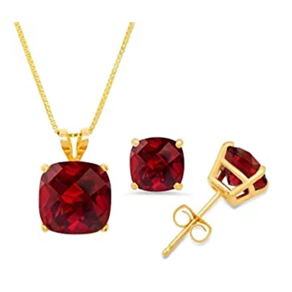 PJ Jewelry 18K Yellow Gold 2ct Garnet Square 18 Inch Necklace and Earrings Set Plated