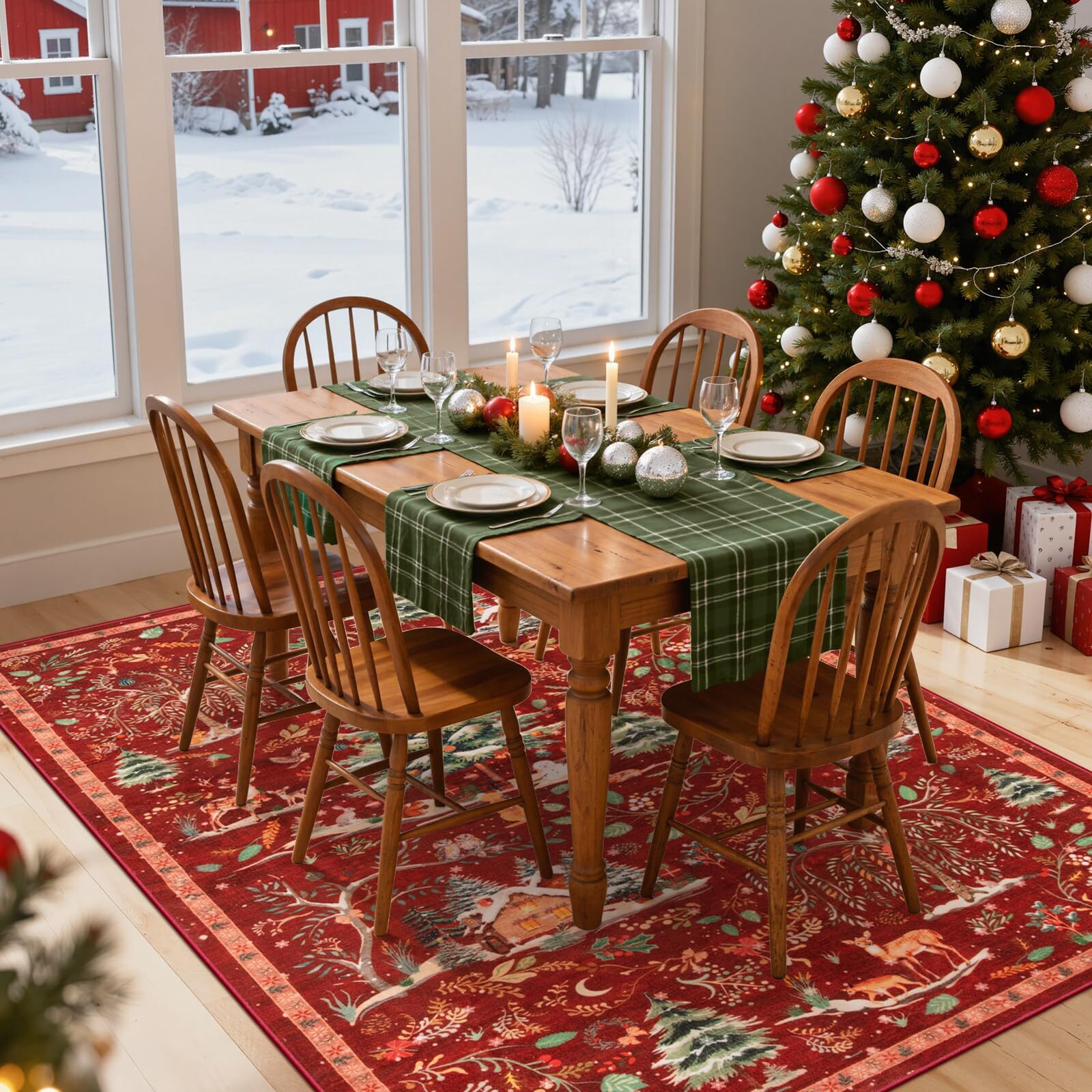 Wonnitar Christmas 8x10 Area Rug, Washable Soft Large Rug for Living Room, Non Slip Low Pile Bedroom Rug Xmas Tree Indoor Floor Carpet for Dining Room Winter Holiday Decor, Red